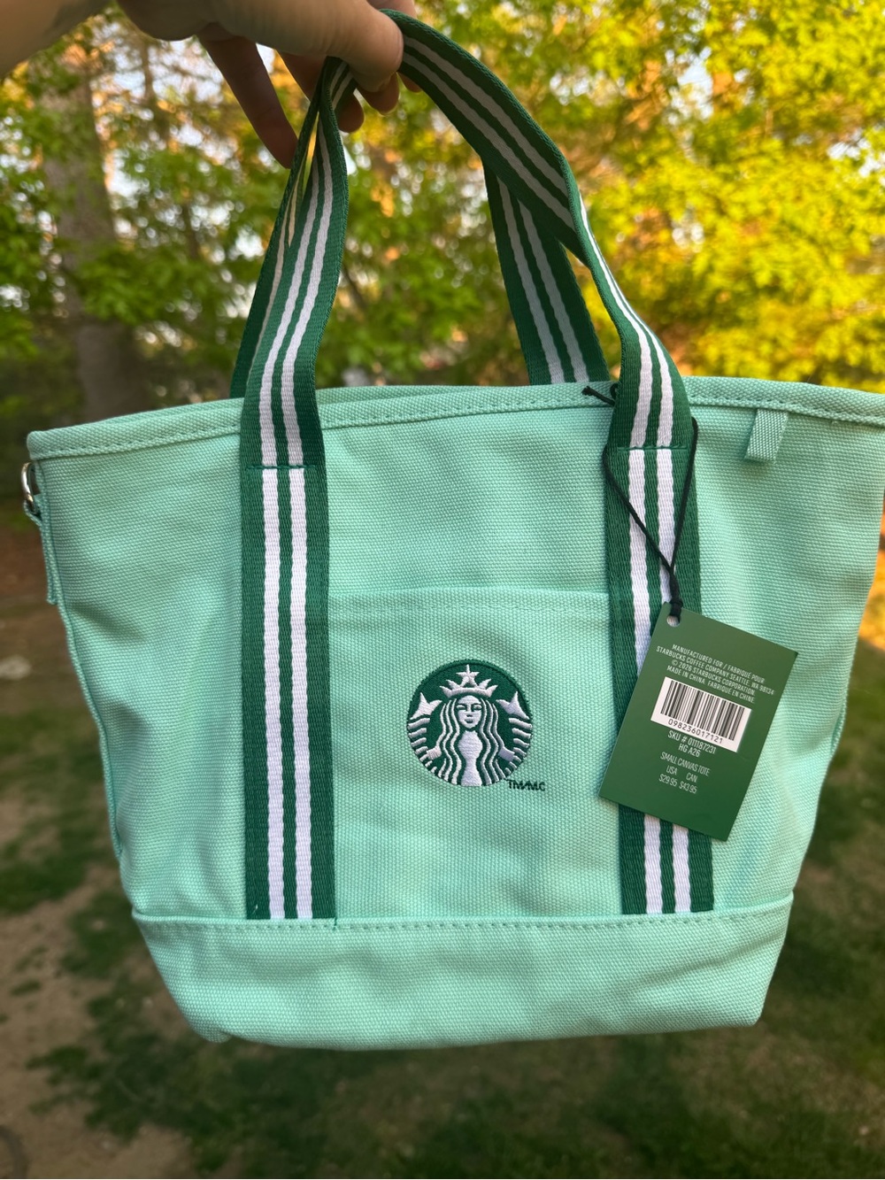 Starbucks Mint Green Canvas Tote with Dark Green Striped Handles